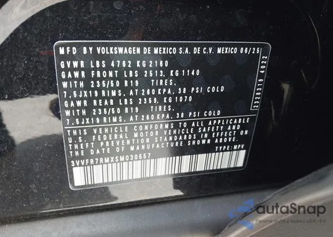 2025 Volkswagen Tiguan 2.0T Se z USA, uszkodzony, nr VIN 3VVFR7RMXSM030557